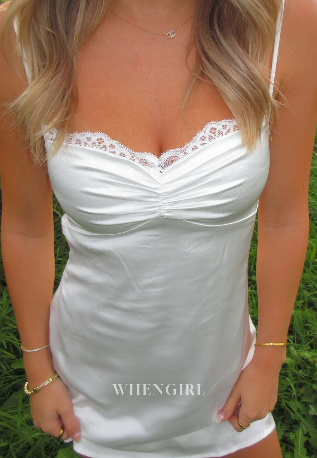 Satin Slip Mini Dress with Ruched Bust & Lace Back