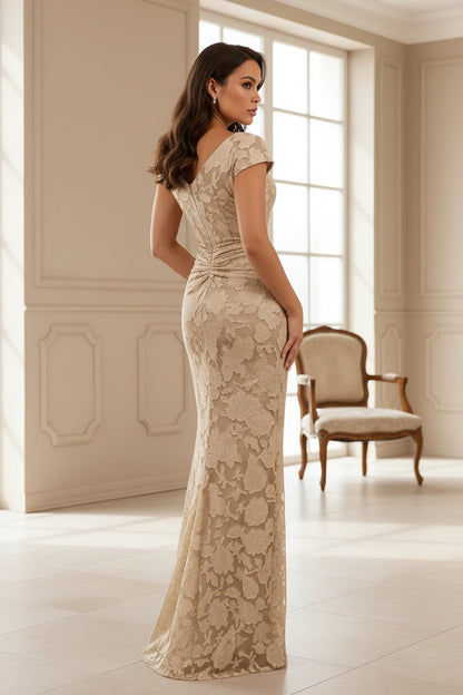 Floral Jacquard Ruched Gown with Slit