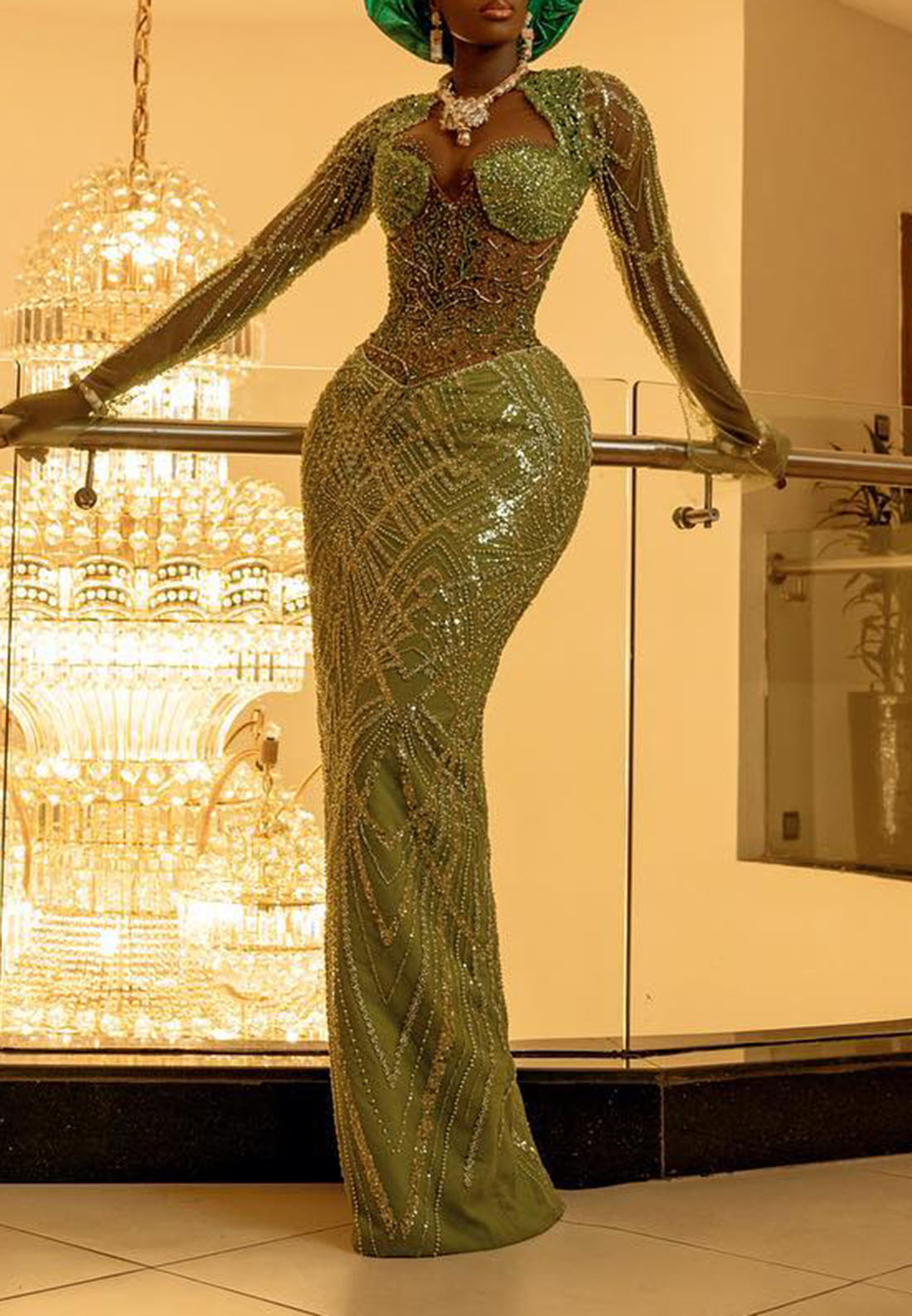 Beaded Sheer Bodice Long Sleeve Gown