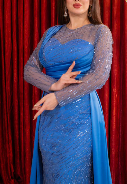 Sequin Sheath Gown with Pleated Bodice & Satin Overskirt