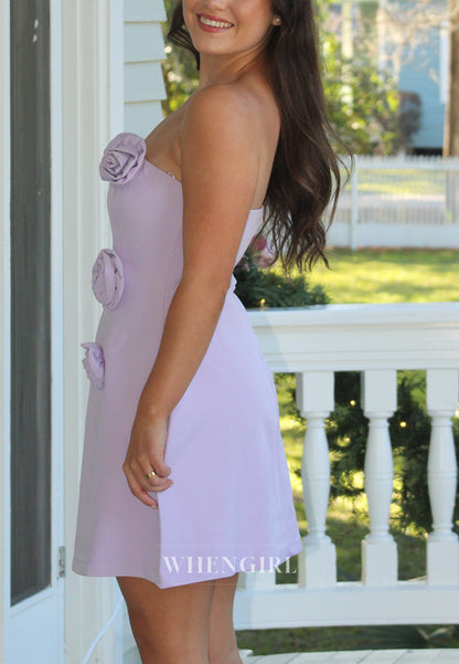 Strapless A-Line Mini Dress with 3D Flowers
