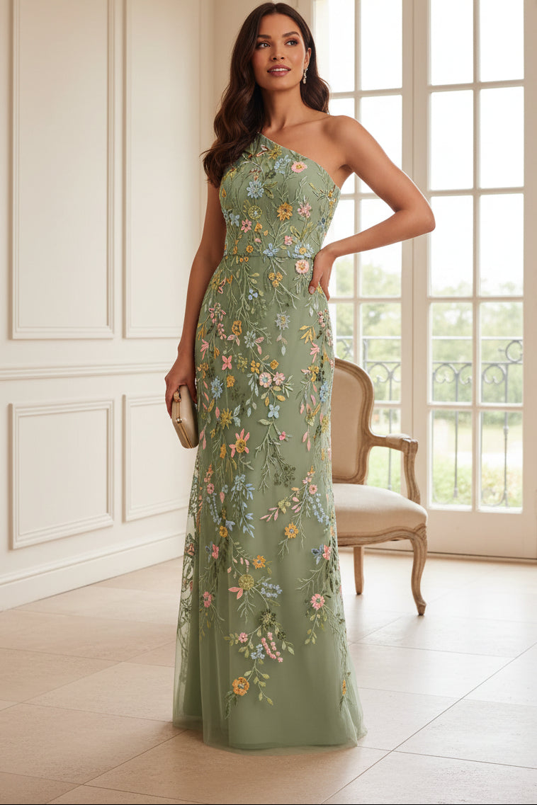 One-Shoulder Floral Embroidered Maxi Dress