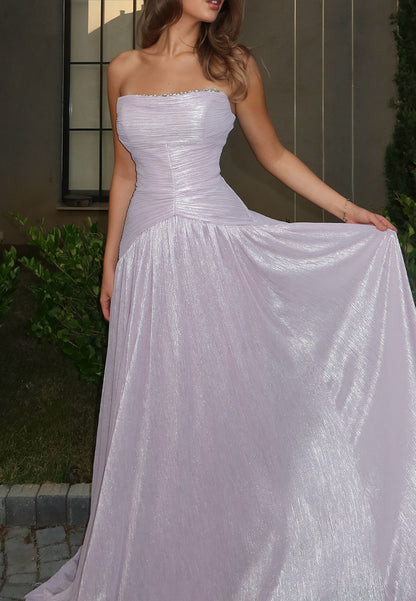 Strapless Metallic Shimmer Gown with Embellished Trim