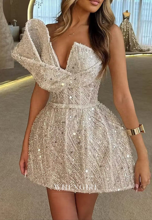 Asymmetrical One-Shoulder Beaded A-Line Mini Dress