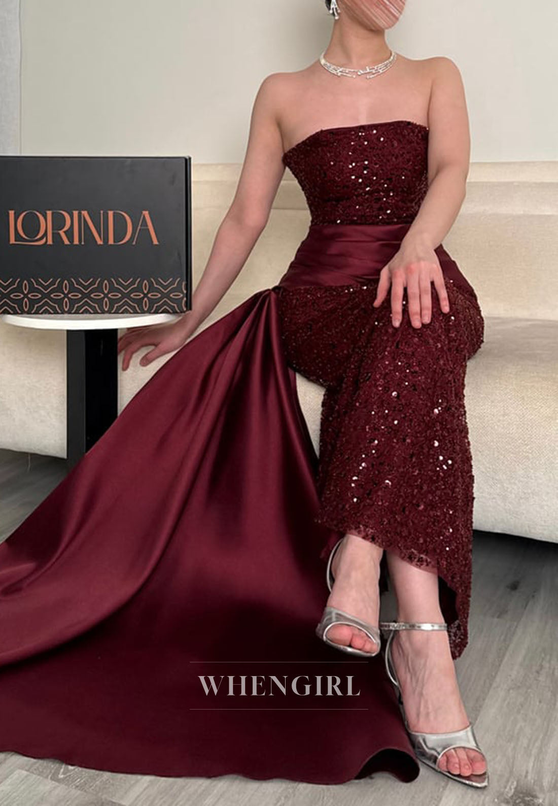 Strapless Sequin Column Gown with Satin Side Drape