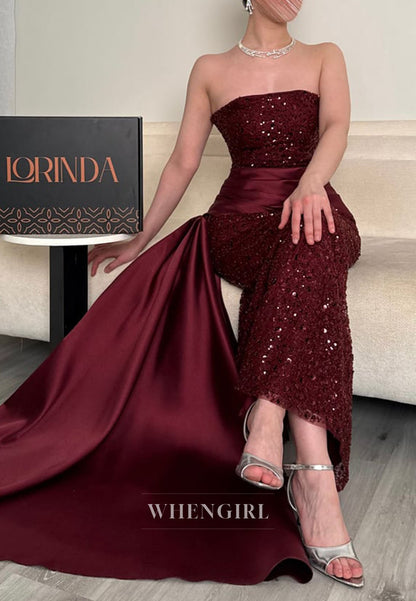 Strapless Sequin Column Gown with Satin Side Drape