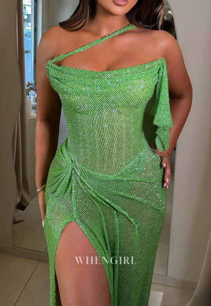 Glitter Asymmetrical Gown with High Slit