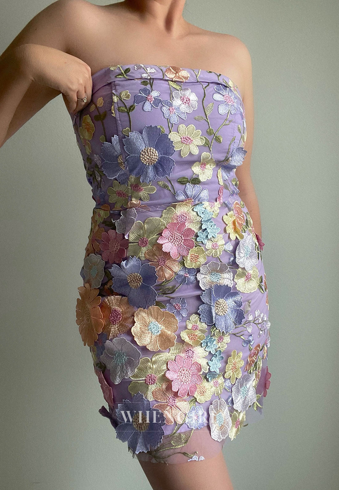 Strapless 3D Floral Applique Mini Dress