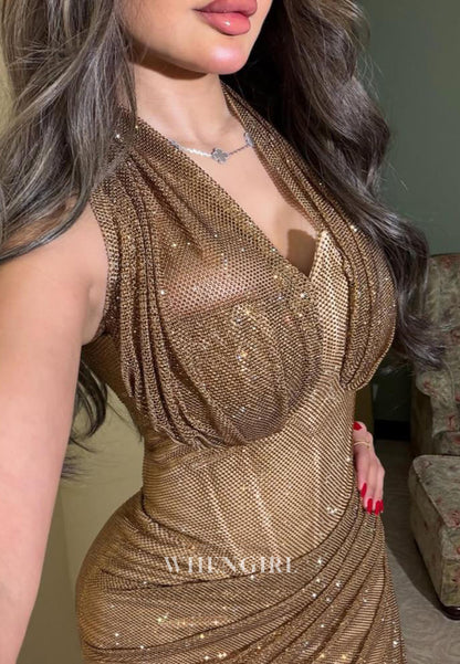 Glitter Corset Halter Maxi Dress with Ruched Skirt