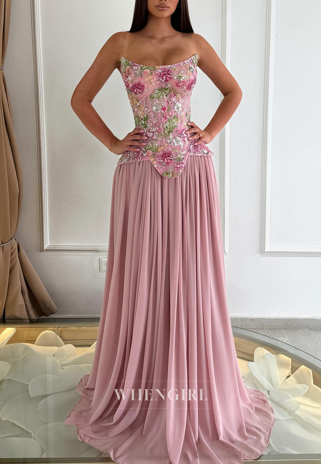 Strapless Corset Floral Embroidered Evening Gown