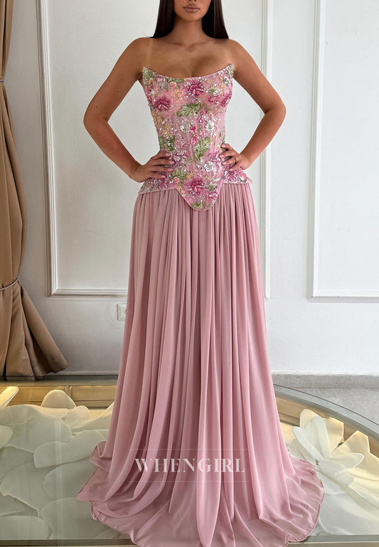 Strapless Corset Floral Embroidered Evening Gown