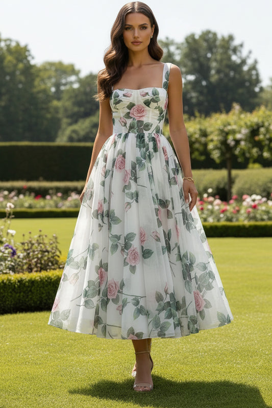 Romantic Floral Organza A-Line Midi Dress