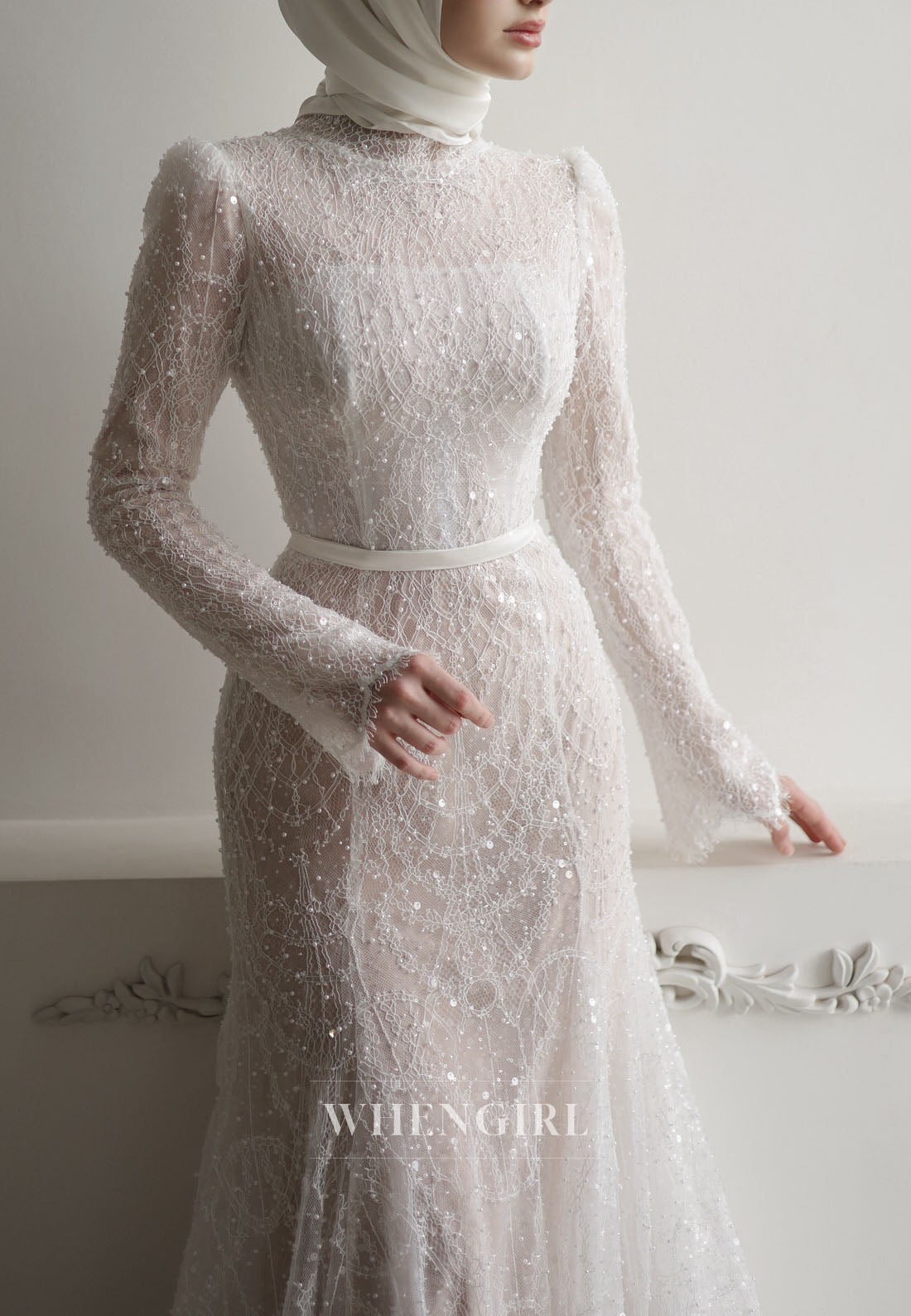 High Neck Sequin Lace Wedding Dress with Sleeves