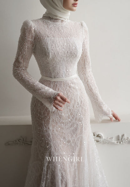 High Neck Sequin Lace Wedding Dress with Sleeves