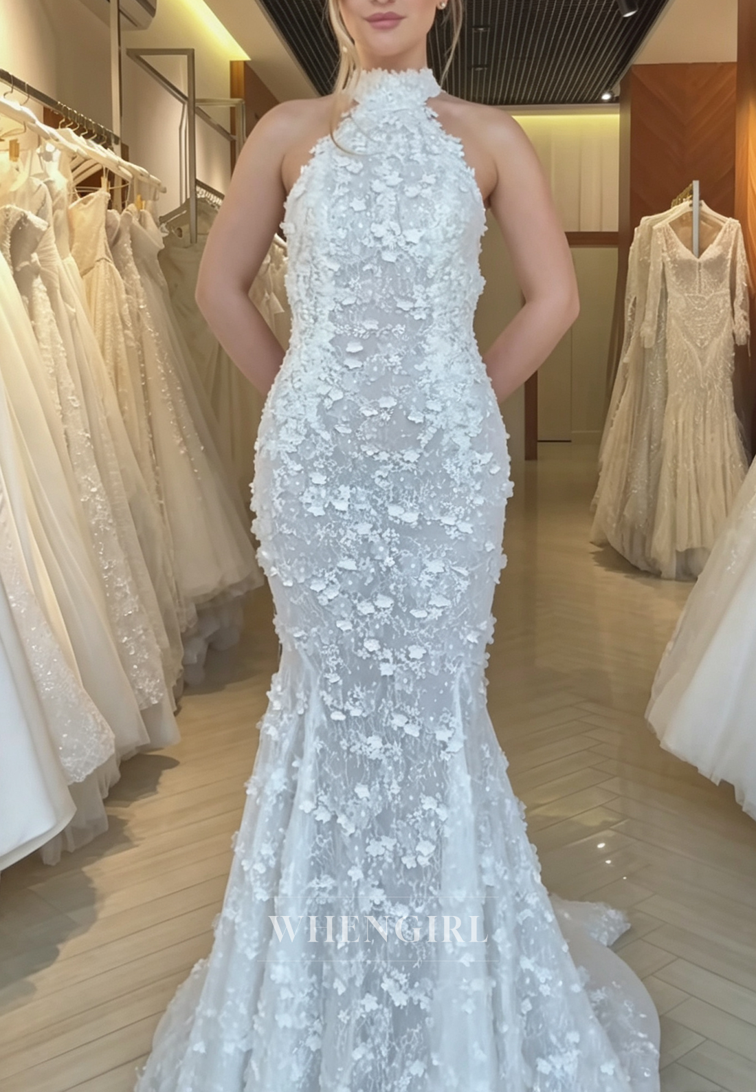 Halter 3D Floral Lace Mermaid Wedding Dress