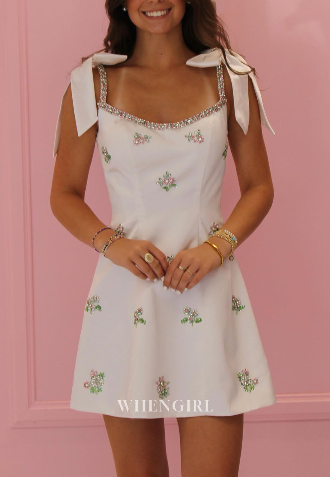 A-Line Mini Dress with Bow Straps and Crystal Florals