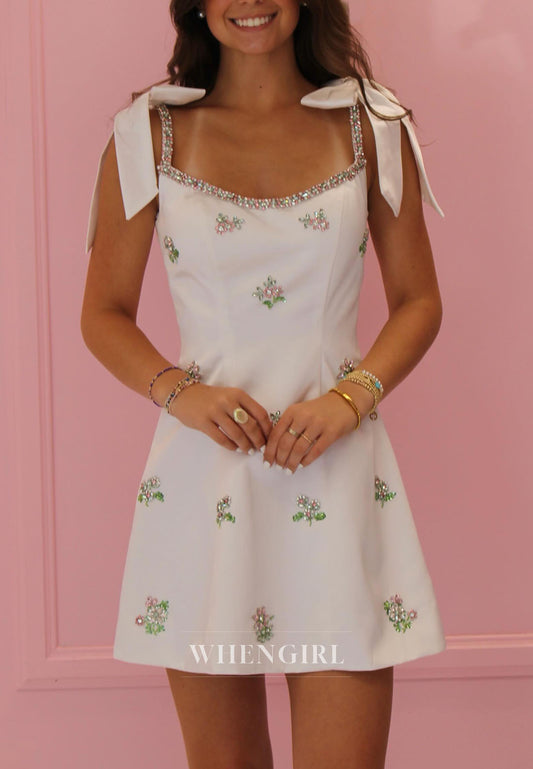 A-Line Mini Dress with Bow Straps and Crystal Florals