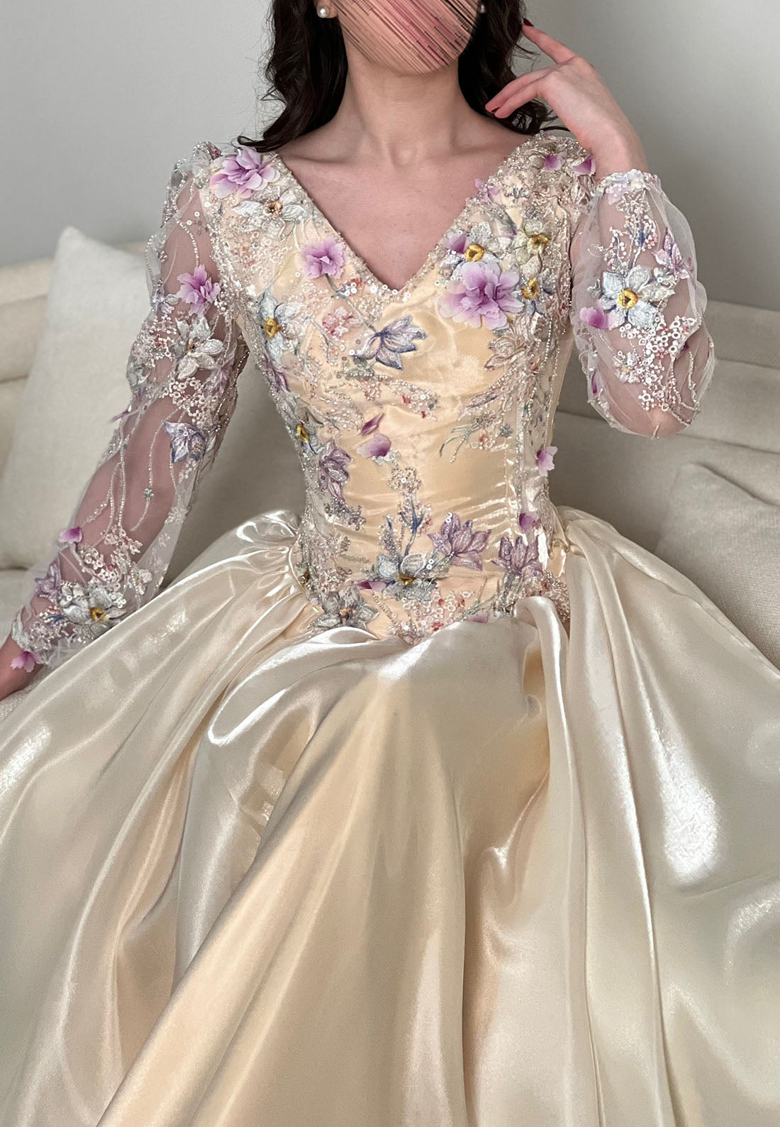 Floral Applique Long Sleeve Evening Gown