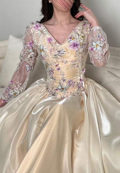 Floral Applique Long Sleeve Evening Gown