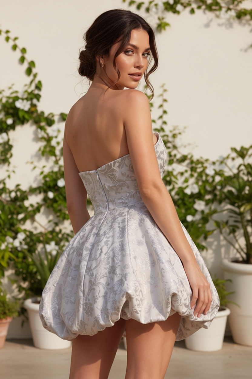 Strapless Jacquard Bubble Skirt Mini Dress with Bow