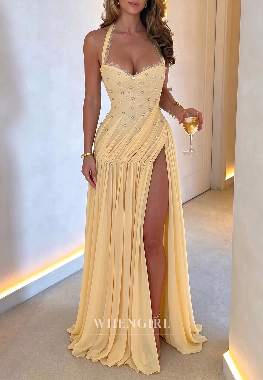 Halter Pleated Evening Gown with Thigh Slit