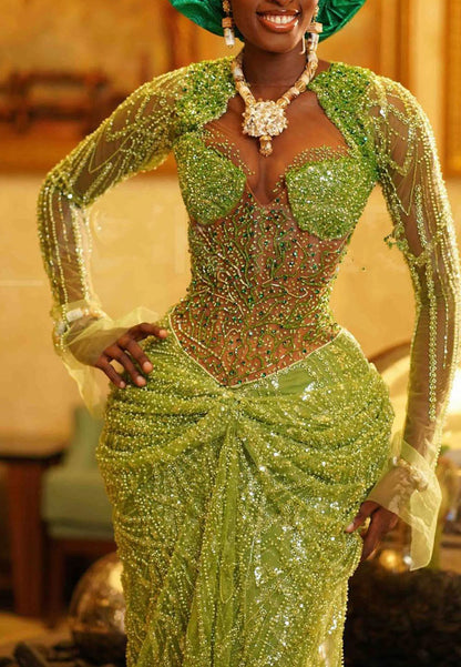 Beaded Sheer Bodice Long Sleeve Gown