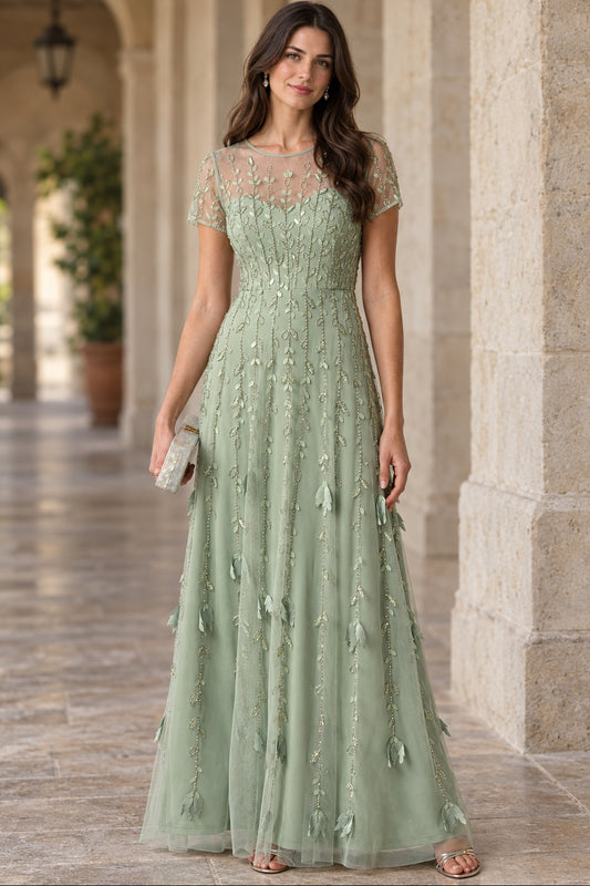 Beaded Illusion A-Line Maxi Dress with Sleeves