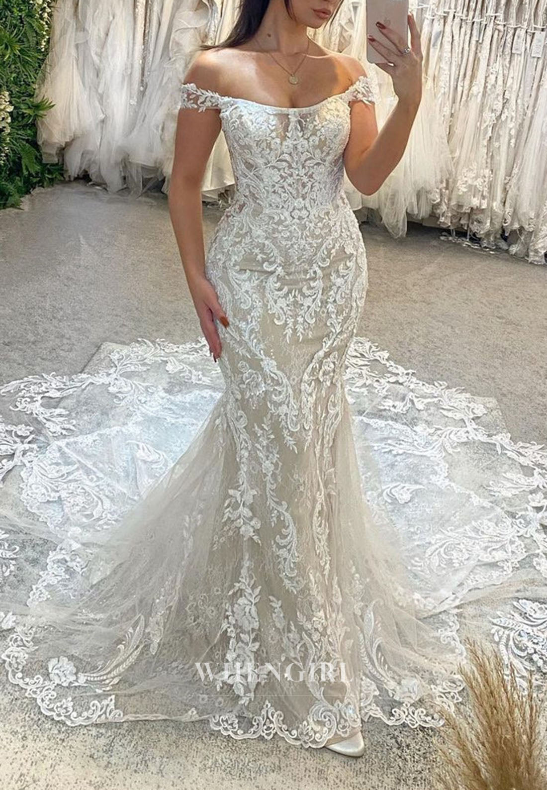 Off-the-Shoulder Lace Mermaid Wedding Dress