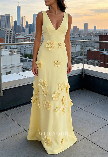 V Neck Floor-Length Gown with 3D Floral Appliques