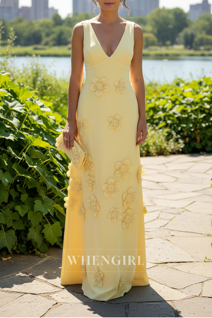 V Neck Floor-Length Gown with 3D Floral Appliques
