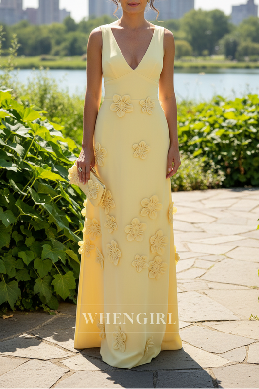 V Neck Floor-Length Gown with 3D Floral Appliques