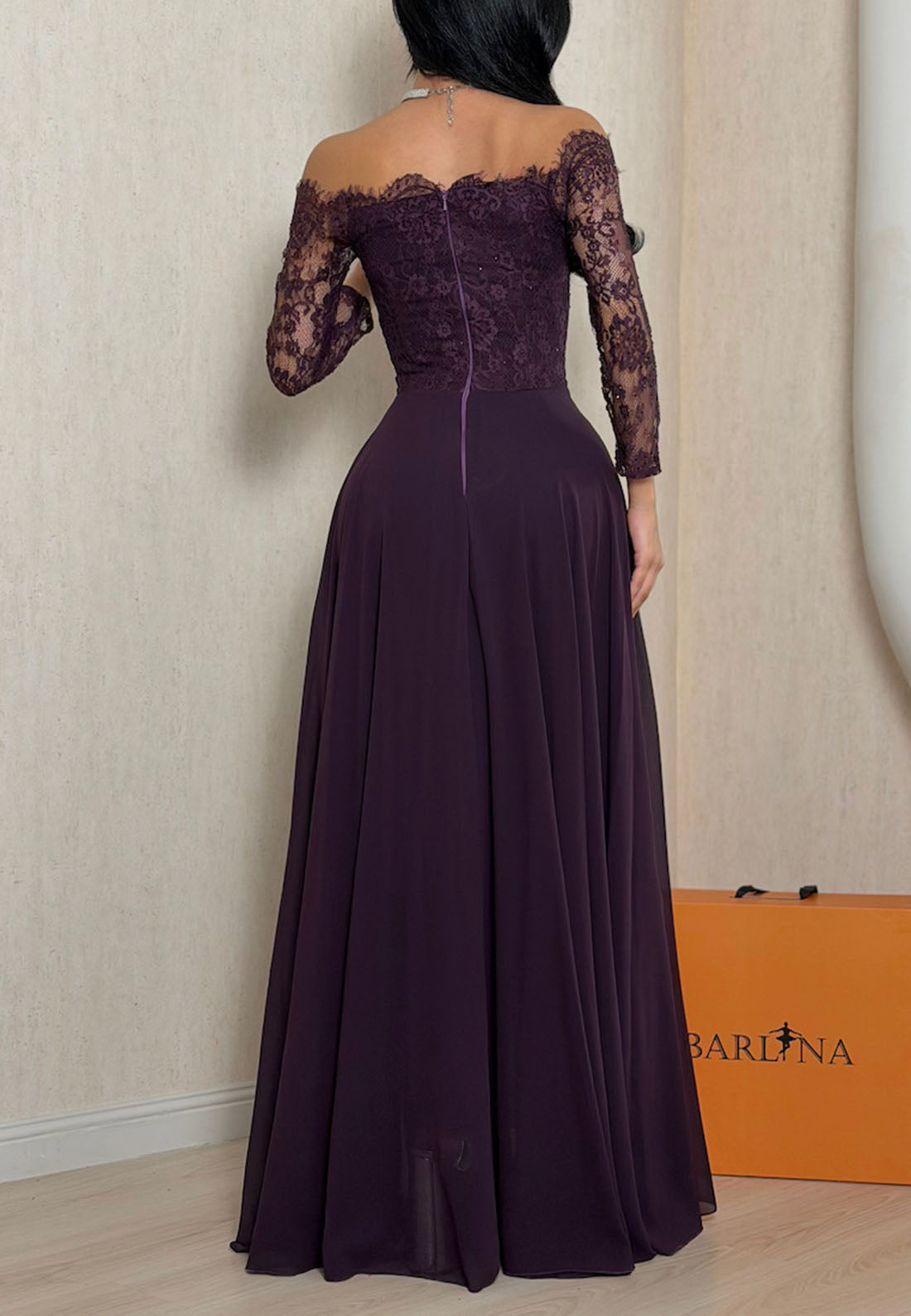 Lace Off-the-Shoulder Pleated Evening Gown