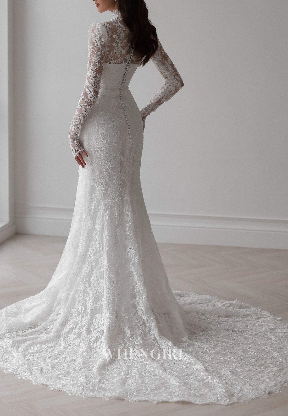 High Neck Lace Wedding Dress with Overskirt