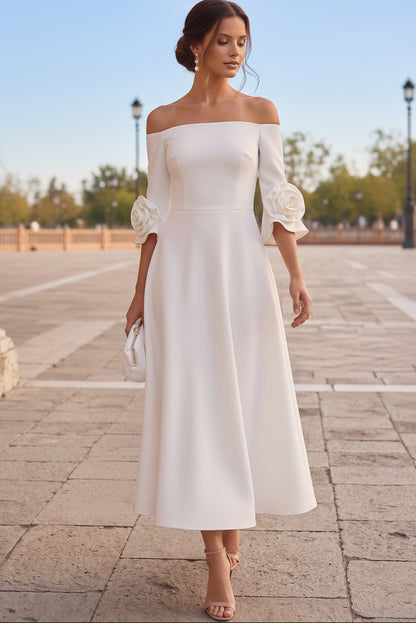 Off-the-Shoulder Midi A-Line Dress with 3D Flowers