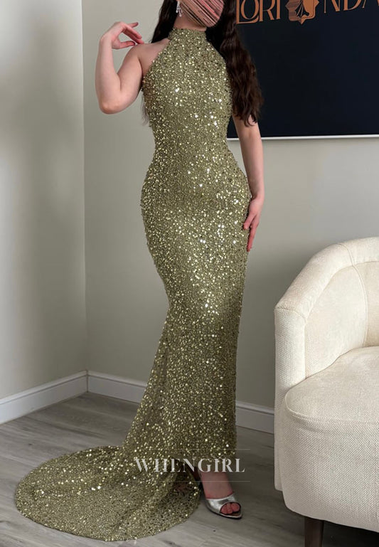 Halter Open Back Sequin Mermaid Gown with Train