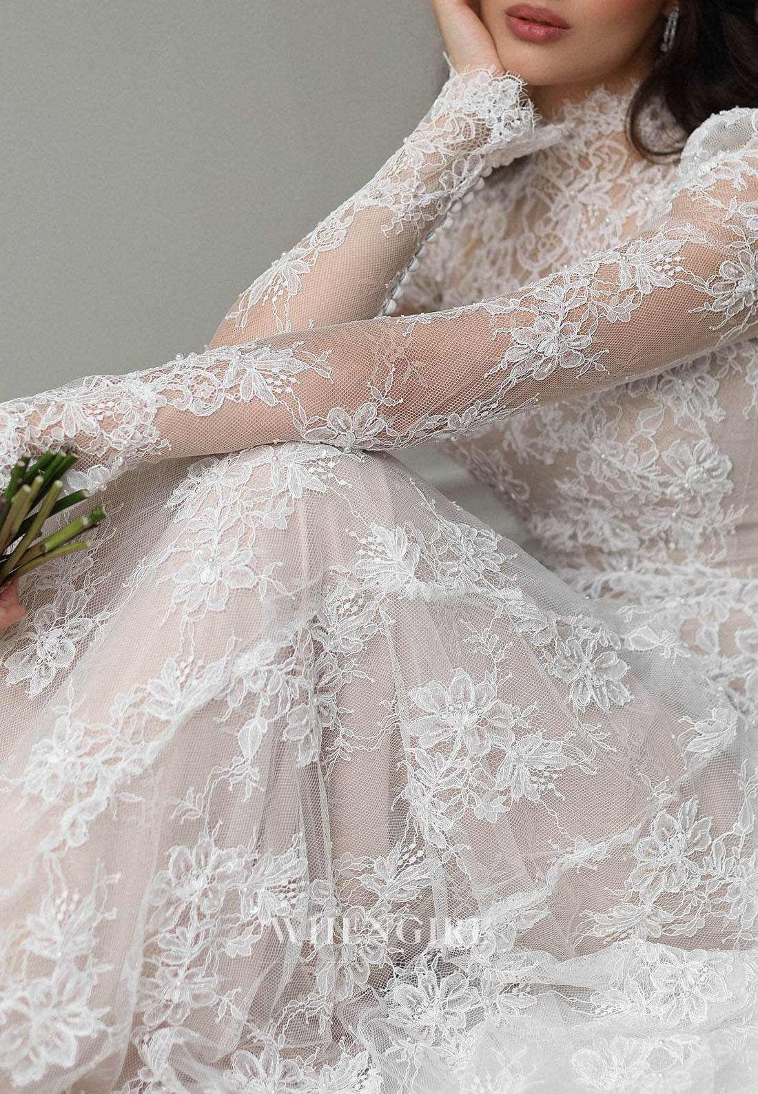Vintage High Neck Long Sleeve Lace A-Line Wedding Dress