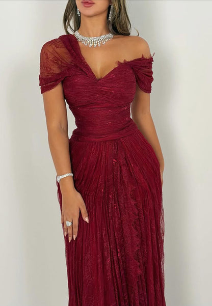 Ruched Off-the-Shoulder Lace Evening Gown with Train