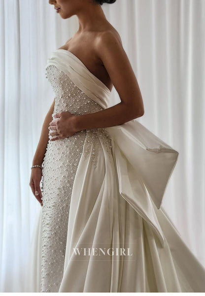 Pearl-Embellished Strapless Gown with Train