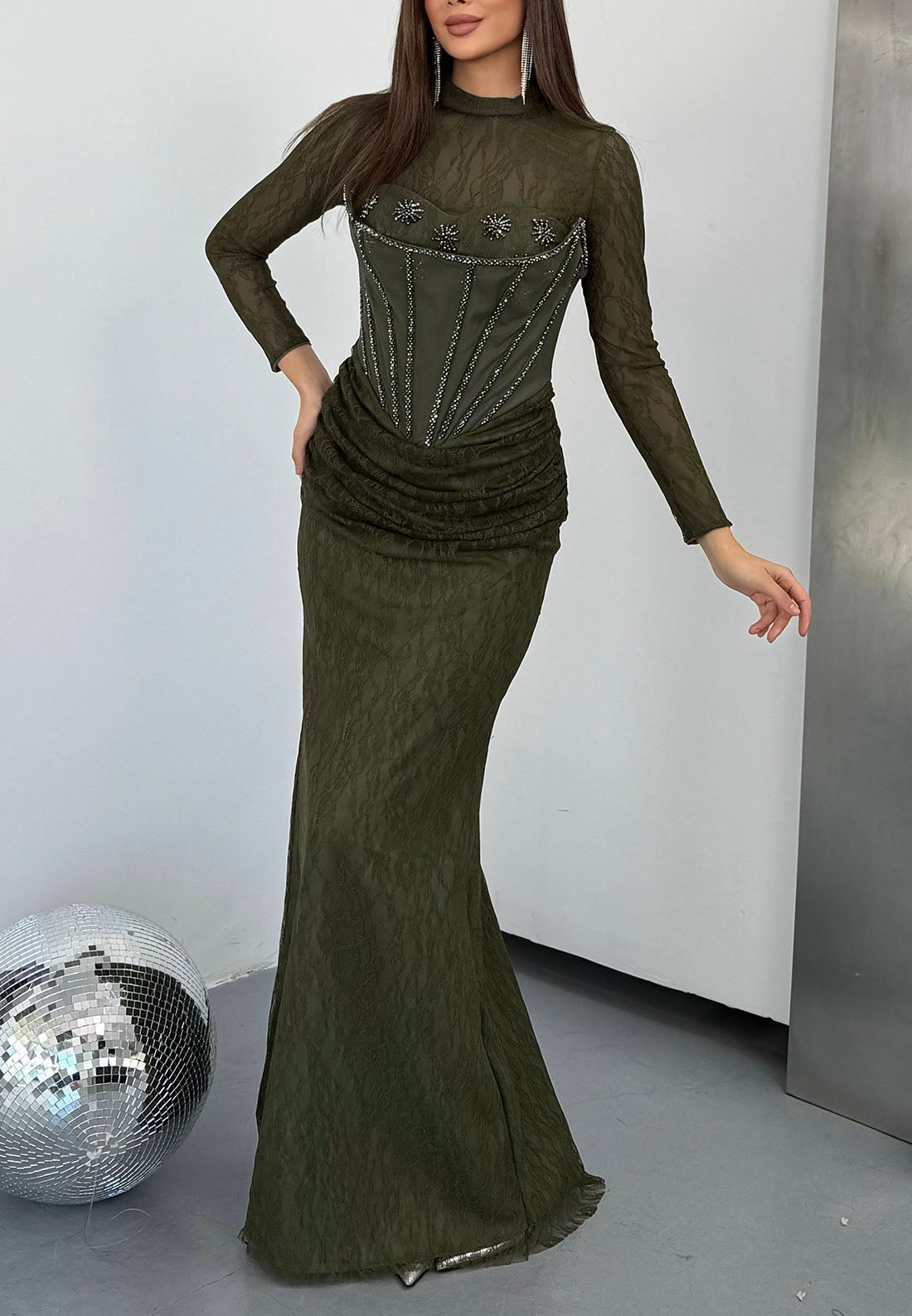 Corset Lace Evening Gown with Beaded Bodice