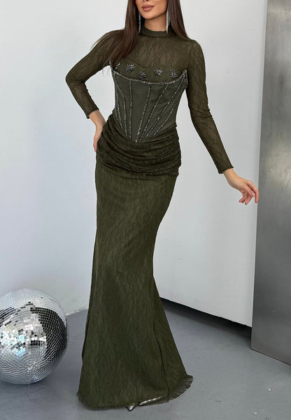 Corset Lace Evening Gown with Beaded Bodice
