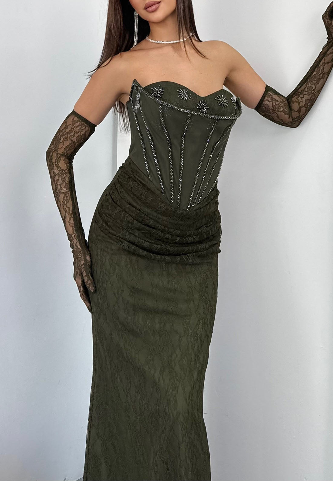 Corset Lace Evening Gown with Beaded Bodice
