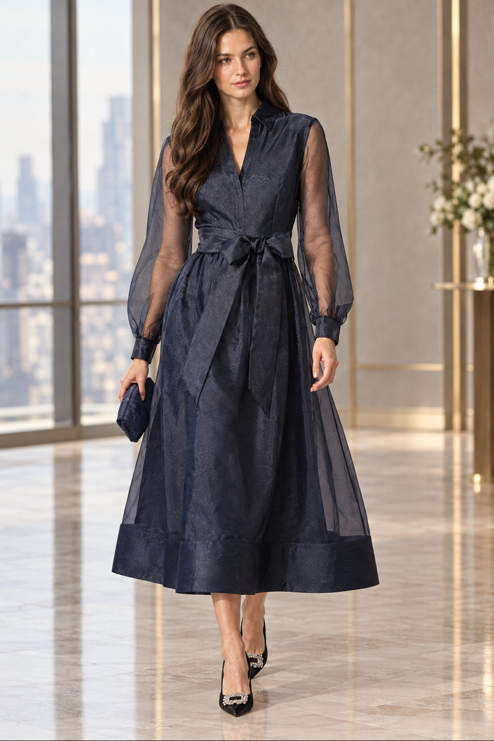 Organza Shirt Midi Dress with Tie Belt