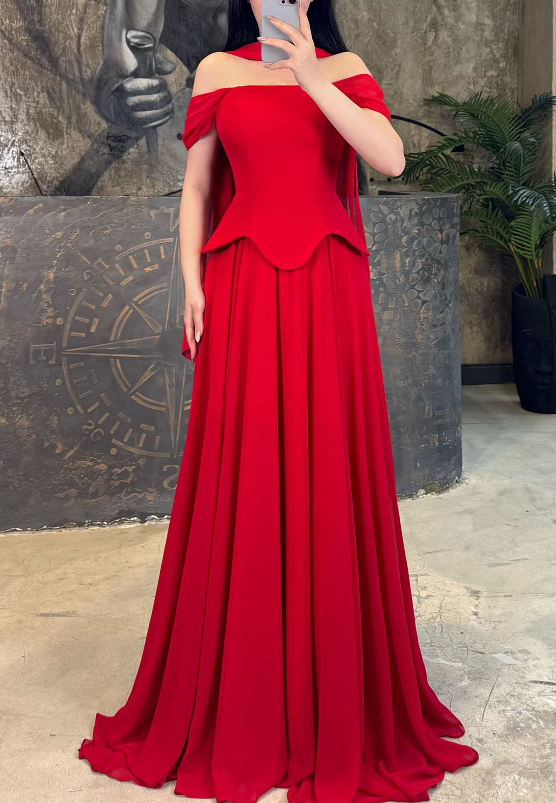 Off-Shoulder Basqued Bodice A-Line Gown with Cape