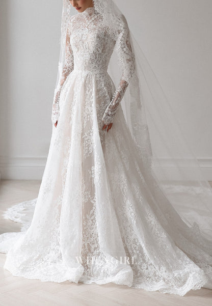 High Neck Lace Wedding Dress with Long Sleeves