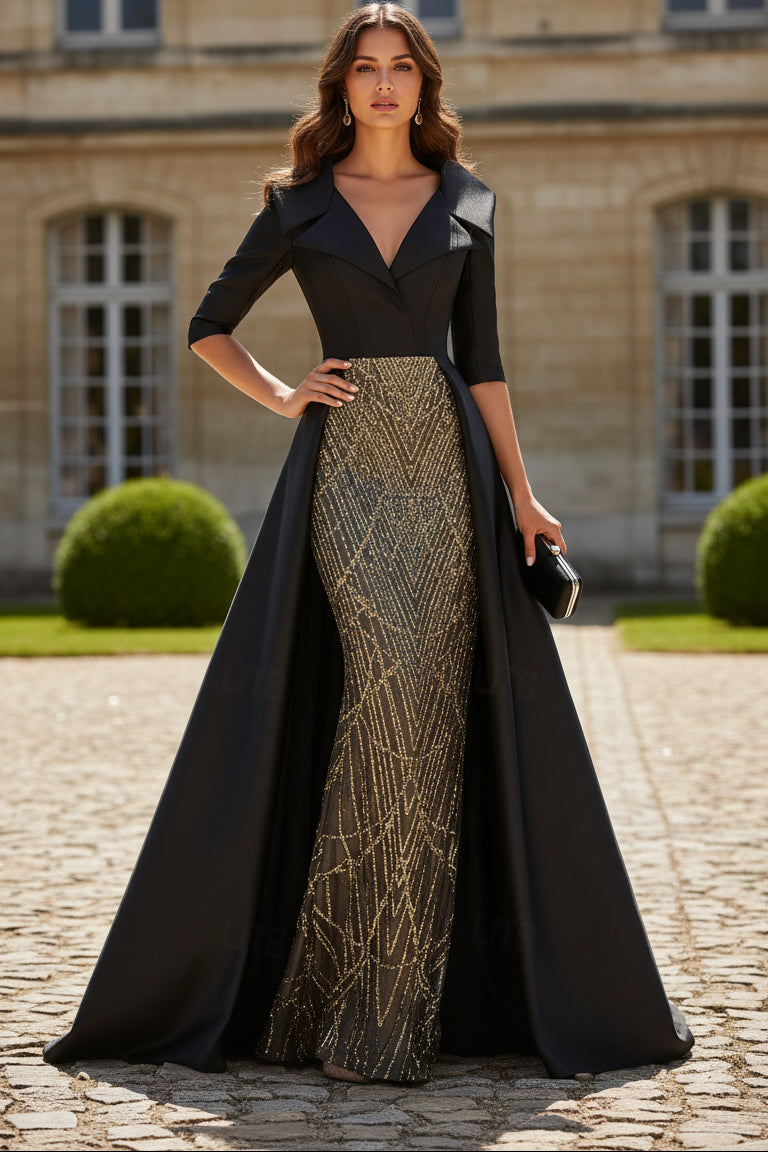 Off-Shoulder Sequin Detail Evening Gown with Overskirt