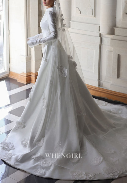 High Neck Satin Wedding Dress with 3D Flowers