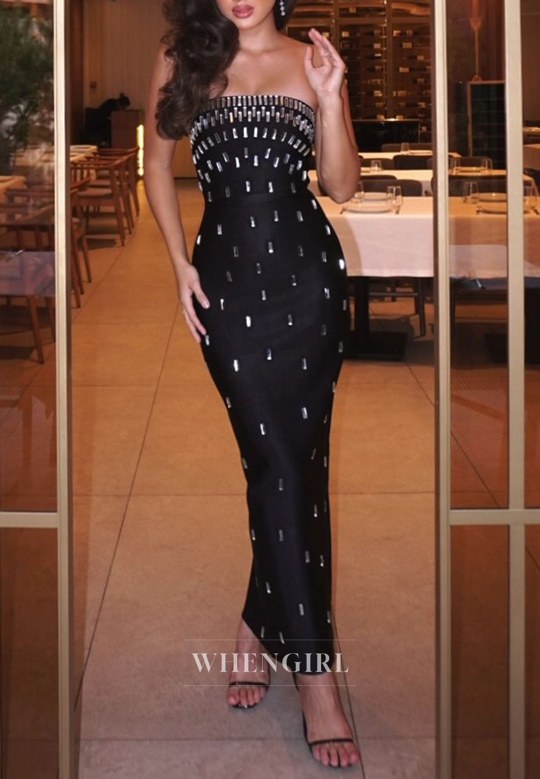 Strapless Rhinestone Embellished Column Maxi Dress