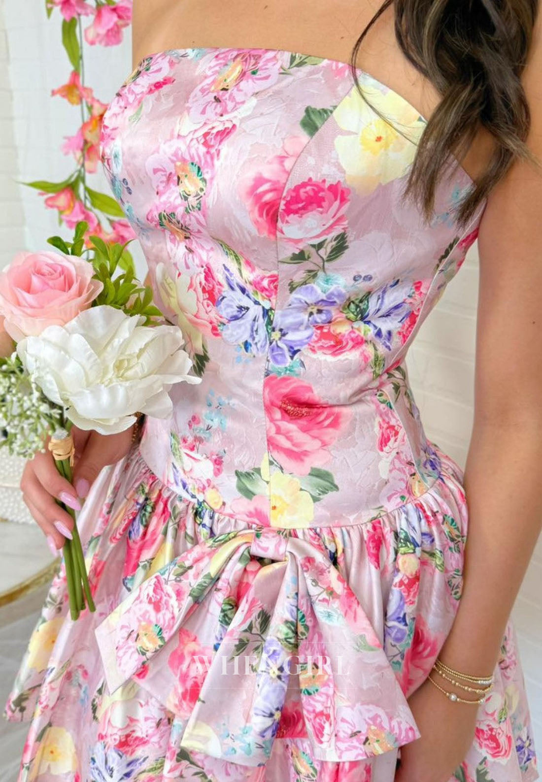 Floral Print Strapless Tiered Mini Party Dress