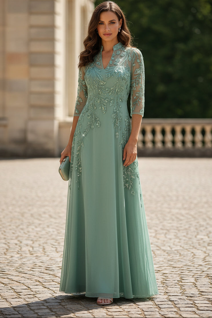 Illusion Beaded A-Line Evening Gown with 3/4 Sleeves