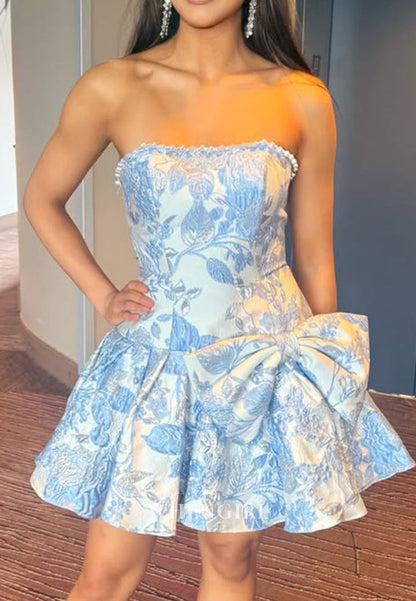 Strapless Floral Jacquard Mini Dress with Bow